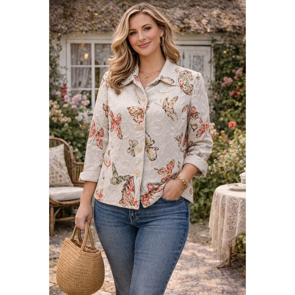 Boho‎ Cottagecore Spring Alfred Dunner Butterfly Cream Pink Green 12 P Jacket